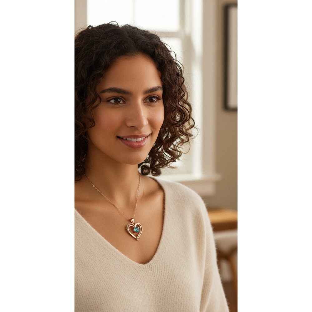 Rose Gold Tone Aqua Blue Stone Heart Pendant Necklace Pavé Crystal Accents